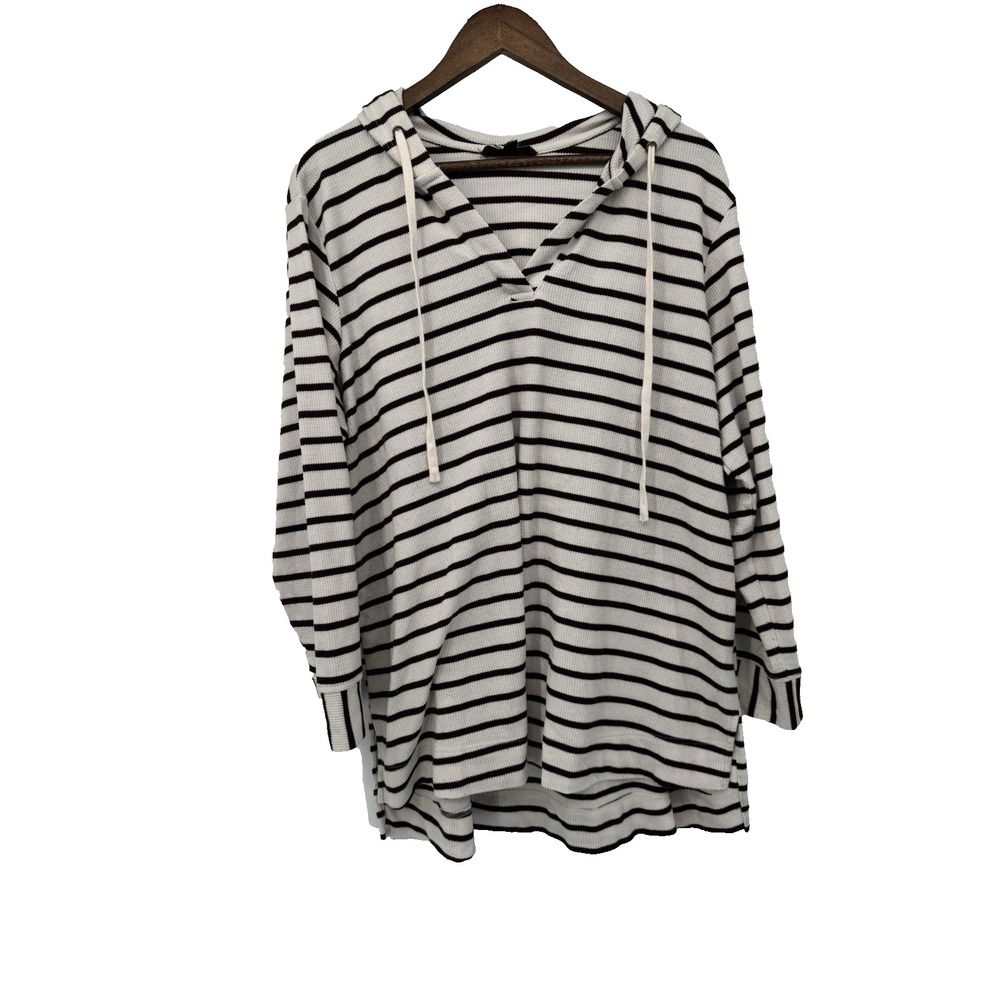 Jane + Delancey Women's White Stripe V Neck Hooded Tunic Top Plus Size 1X